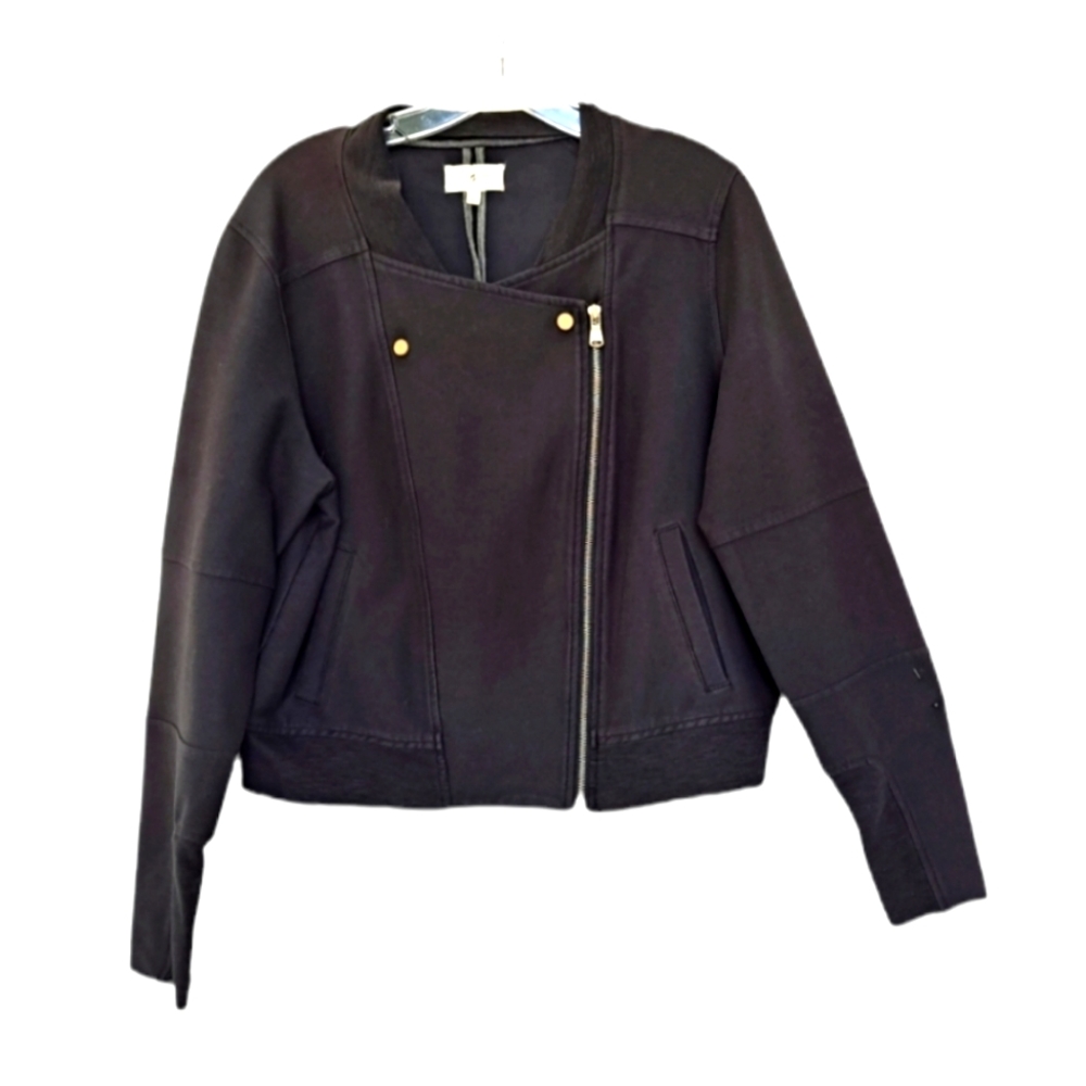 Lou & Gray Black Cropped Cotton Blend Knit Zip Front Moto Jacket SzL